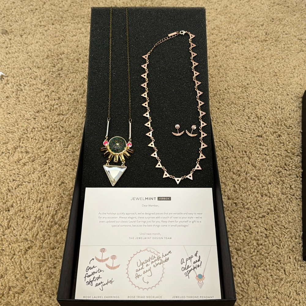 Jewelmint Rose Laurel earrings, Rose Triad necklace and Jeweled Throne Pendant
